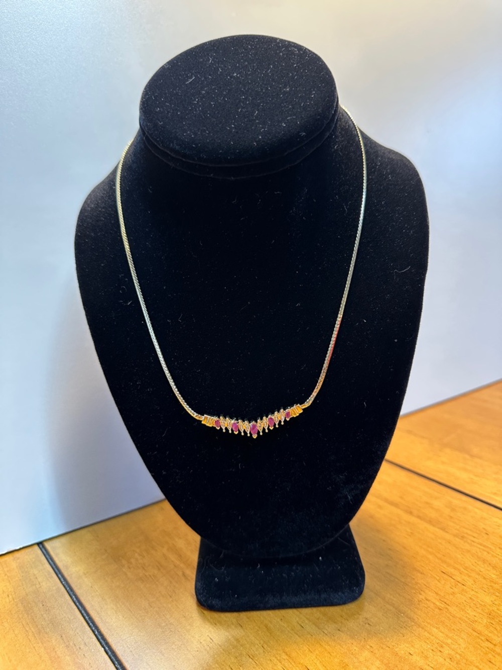 Gold Tone Necklace with Pink and Diamond Gem Accents